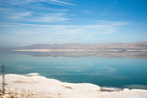 typical landscape on the shore of the Dead Sea, salt sea, Israel,