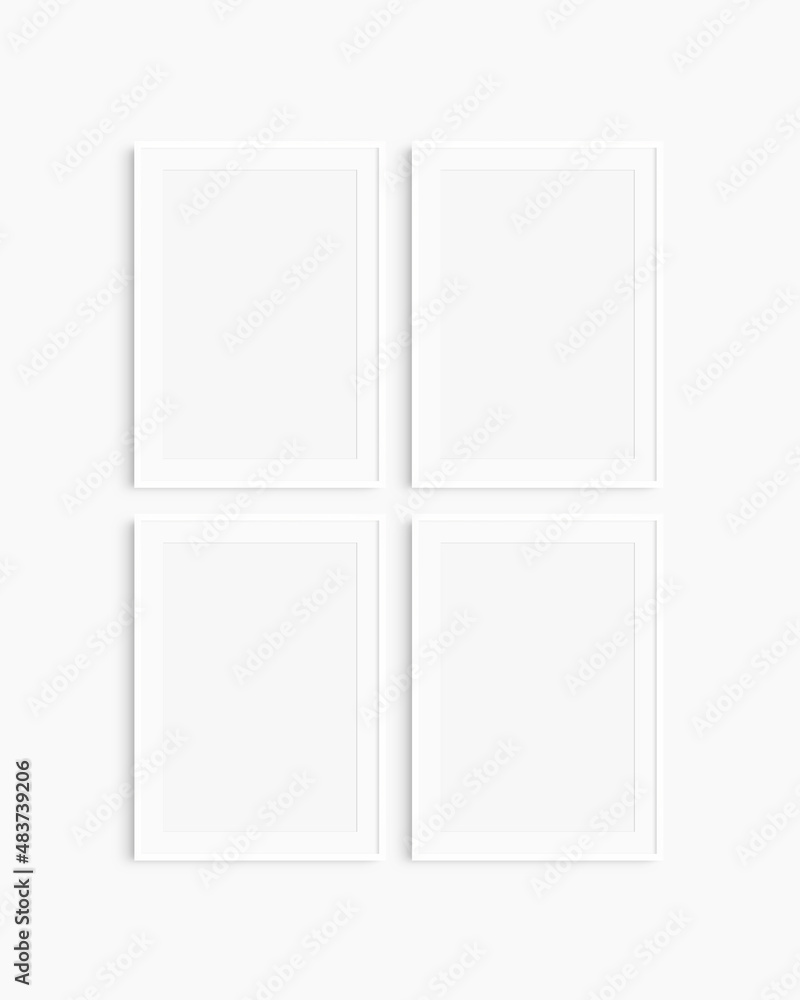 Frame mockup 5x7, 50x70, A4, A3, A2, A1. Set of four thin white frames. Gallery wall mockup, set of 4 frames. Clean, modern, minimalist, bright. Portrait. Vertical. Mat opening 2:3. Frame mockup 5x7, 50x70, A4, A3, A2, A1. Set of four thin white frames. Gallery wall mockup, set of 4 frames. Clean, modern, minimalist, bright. Portrait. Vertical. Mat opening 2:3.