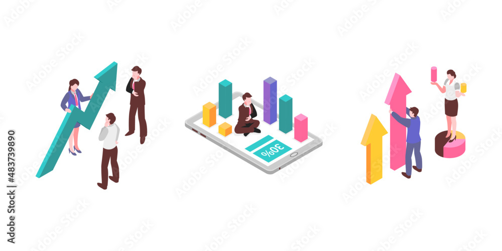Business Analyst Set With Diagrams Charts Isometric Isolated Business Analyst Set With Diagrams Charts Isometric Isolated