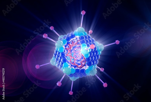Virus, Adenovirus structure, icosahedral capsid with hexon proteins, penton bases, fibers and receptors, inside double-stranded DNA, glowing, dynamic look. 3d illustration on black background photo