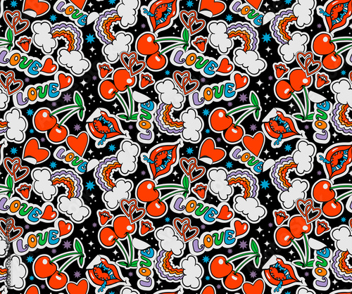 funky seamless pattern with stickers: cherry, heart, love, rainbow