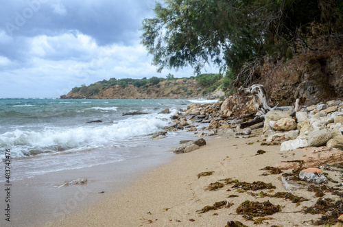 sea storm on sand beach 