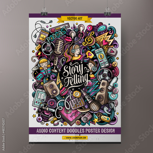 Cartoon vector doodle Audio content poster template.