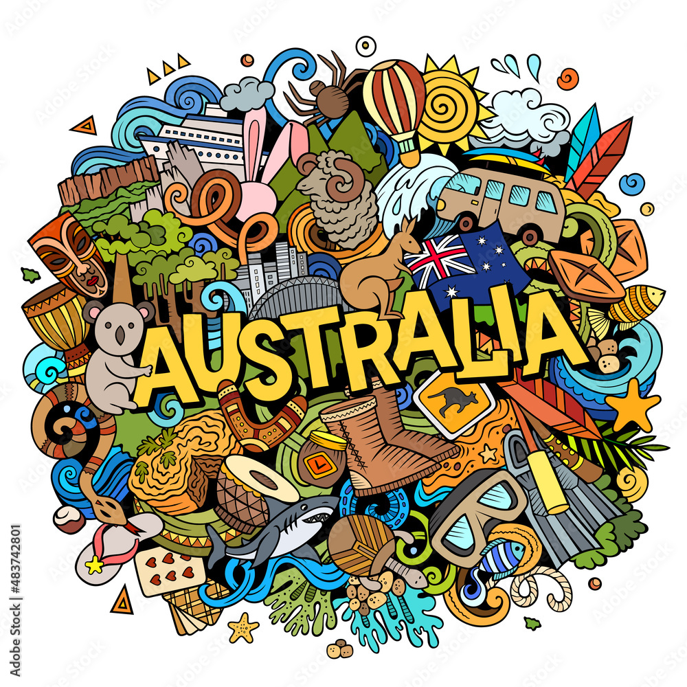 Australia hand drawn cartoon doodle illustration. Funny local design.