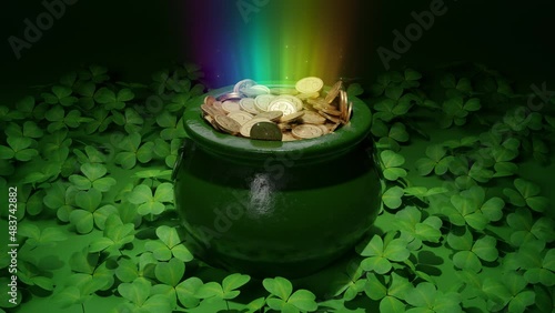 Saint Patrick’s day greeting. Pot full of golden coins rotation, bright rainbow, green clover leaves on ground. Traditional Irish symbol of success, luck. Leprechaun’s gold. Celebrative 3D Render clip