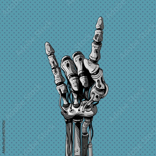 Robot mechanical hand shows rock gesture, vector illustration
