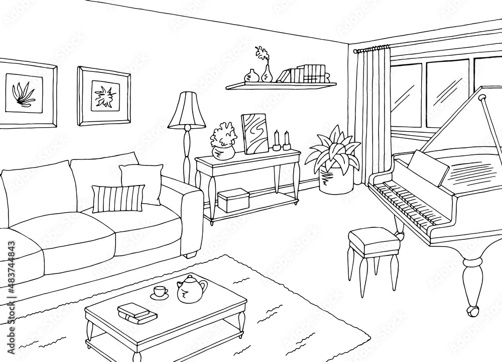 Fototapeta premium Living room graphic black white home interior sketch illustration vector 