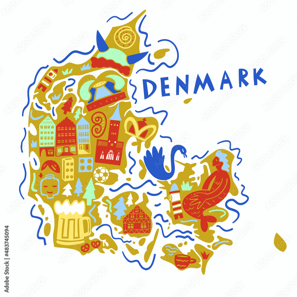 Vector hand drawn stylized map of Denmark landmarks. Travel illustration. Kingdom of Denmark geography illustration. Europe map element