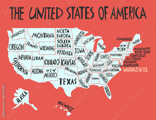 Vector hand drawn stylized map of The United States of America with states names. Travel illustration of USA shape. North America map element