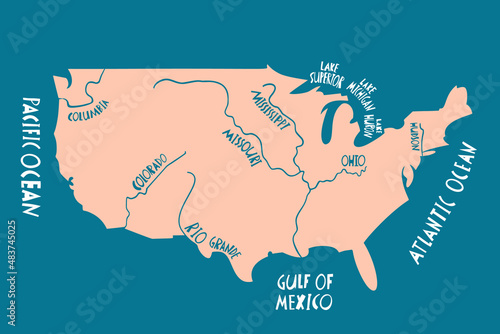 Vector hand drawn stylized map of The United States of America with rivers. Travel illustration of USA shape. North America map element