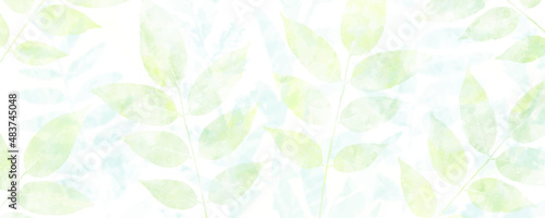 Vector watercolor art background with green leaves. Hand drawn vector texture. Hand painted watercolor texture for cards, flyer, poster, banner, and cover design. Spring template for design.