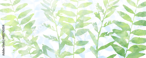 Vector watercolor art background with green leaves. Hand drawn vector texture. Hand painted watercolor texture for cards, flyer, poster, banner, and cover design. Spring template for design.