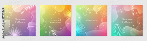 Vector set of bright square gradient covers with palm leaves and liquid shapes. Design of flyers, banners, card for products of yoga, mental health, meditation and concept with positive vibes.