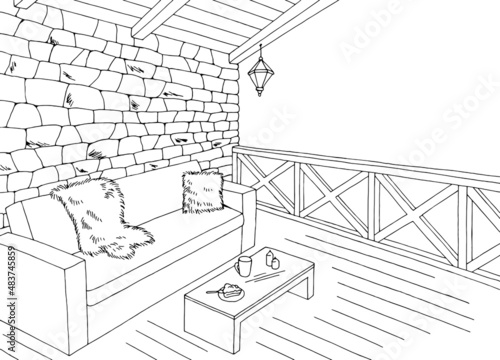 Balcony graphic black white interior sketch illustration vector 