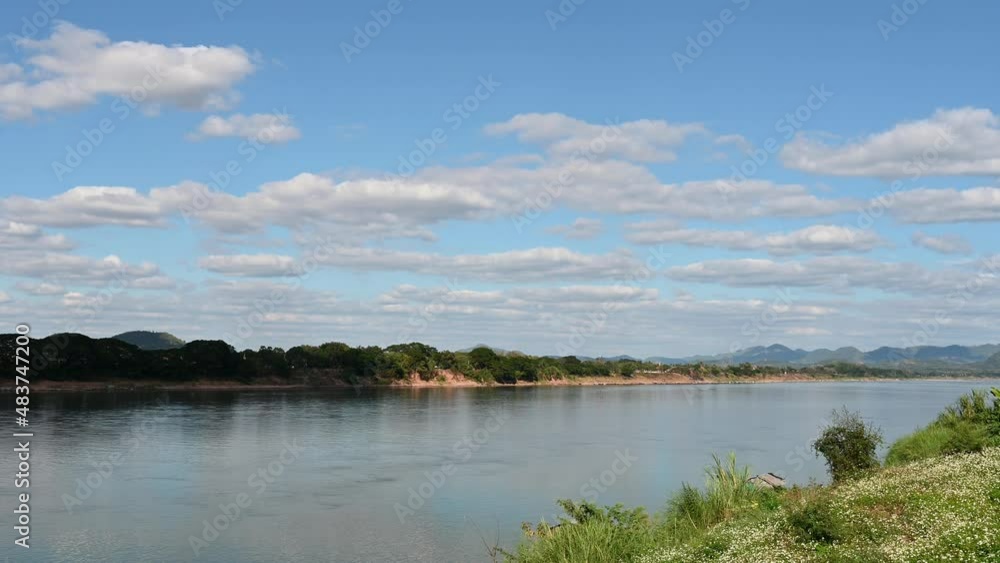 A time lapse of the Mekong River flowing revealing the Thailand-Laos Border, fantastic landscape of clouds and sky of two countries. A time lapse of the Mekong River flowing revealing the Thailand-Laos Border, fantastic landscape of clouds and sky of two countries.