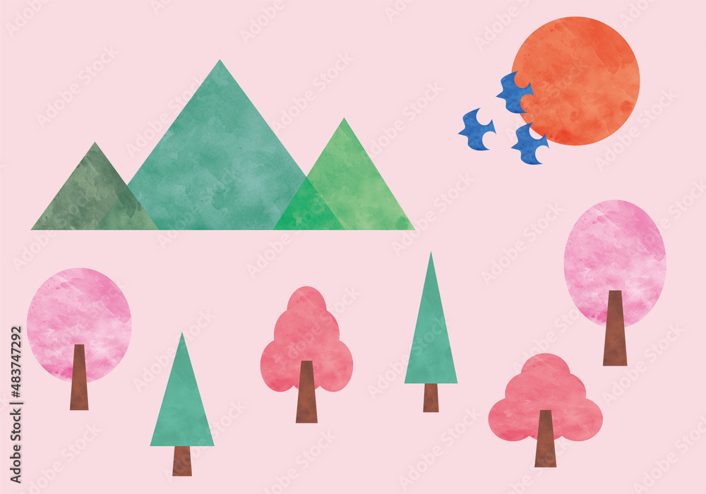 背景素材 水彩で描いた景色 春 木 山 鳥 太陽 ベクター素材 背景素材 水彩で描いた景色 春 木 山 鳥 太陽 ベクター素材