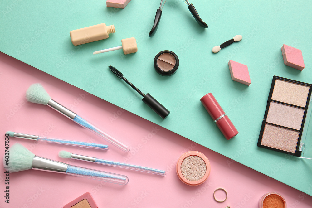 Makeup cosmetics on color background Makeup cosmetics on color background