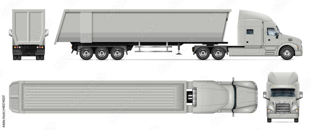Semi-trailer dump truck vector mockup on white for vehicle branding, corporate identity. View from side, front, back and top. All elements in the groups on separate layers for easy editing and recolor - obrazy, fototapety, plakaty 