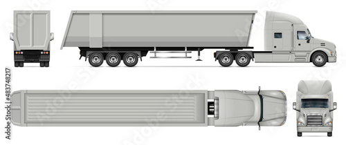 Semi-trailer dump truck vector mockup on white for vehicle branding, corporate identity. View from side, front, back and top. All elements in the groups on separate layers for easy editing and recolor