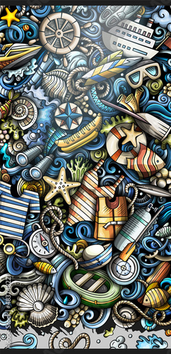 Marine hand drawn doodle banner. Cartoon vector detailed flyer.