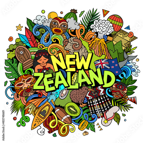 Fototapeta Naklejka Na Ścianę i Meble -  New Zealand hand drawn cartoon doodle illustration. Funny local design.