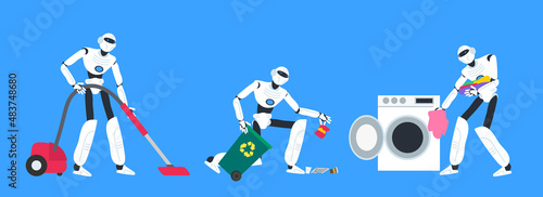 robot house keeper using vacuum cleaner  collecting garbage  put clothes into washing machine  cleaning service vector illustration