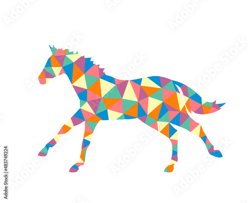 Polygonal colored running horse on a white background. Vector illustration