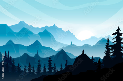 Mountain sunrise, sunset fog landscape, traveling man, traveler, tourist silhouette, rocks. Adventure in forest hills. Beautiful wildlife scenery. Alone travel, tourism concept. Vector illustration