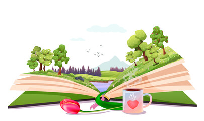 Poster Sprookjeswereld Open boek met lentelandschap binnenin  © GN.STUDIO