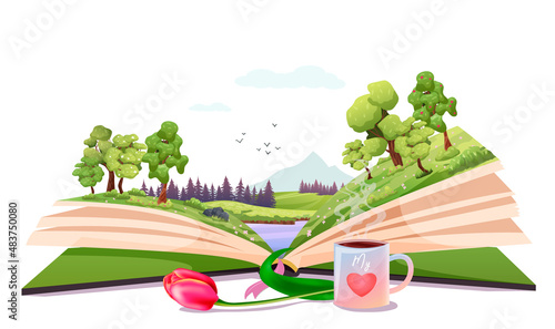 Open book, spring nature inside. Imagination, fantasy, magic in literature concept. Season fairy tale, storybook, textbook. Lake, forest landscape picture. Tulip, cup of tea. Vector illustration