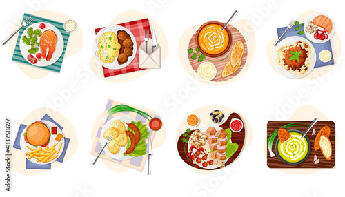 Set of lunches, dinners. Healthy, fast food menu. Various meals menu. Fish, salad, cream soup, mash potato, meatballs, hamburger, sausages, bread. Appetizing restaurant plates. Vector illustration
