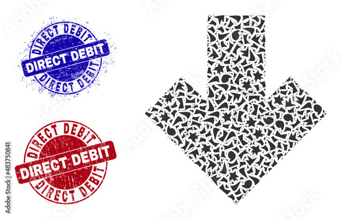 Round DIRECT DEBIT rubber seals with word inside round forms, and spall mosaic arrow down icon. Blue and red stamp seals includes DIRECT DEBIT text. Arrow down collage icon of spall parts.