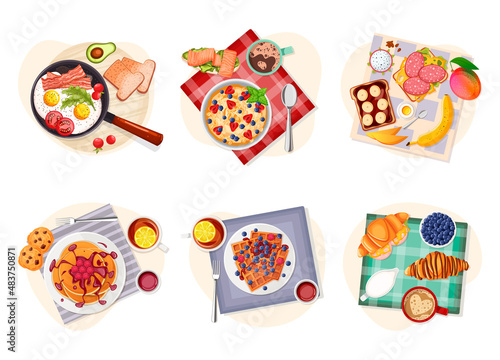Set of breakfasts, lunch. Healthy food, meal menu. Plates, fried eggs, bacon, avocado, vegetables, fruits, porridge, sweet berries, sandwiches, pancakes, coffee, croissants, tea. Vector illustration