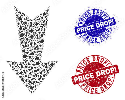 Round PRICE DROP! unclean stamp seals with tag inside round forms, and shard mosaic arrow down icon. Blue and red stamp seals includes PRICE DROP! caption. Arrow down collage icon of debris particles.