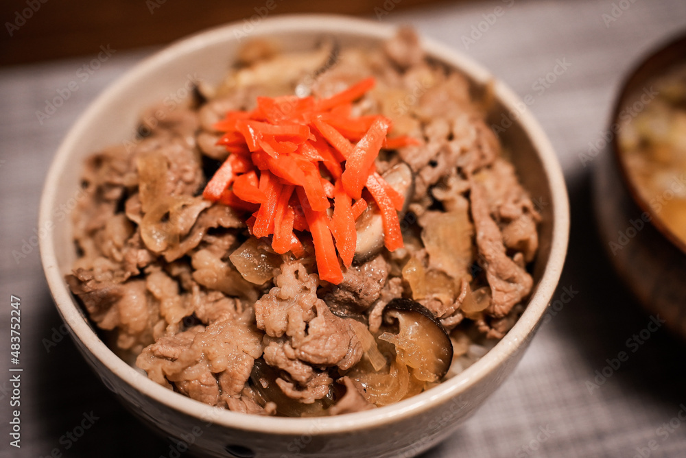 Fototapeta premium A bowl of popular Japanese food Gyudon served with pickled ginger (beef and onions in a bowl on rice)