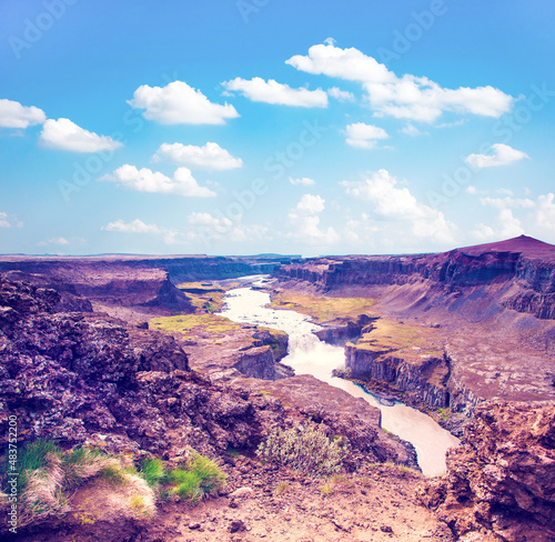 Obraz na płótnie Charming breathtaking view of the canyon near famous waterfall Selfoss in Iceland at sunrise. Exotic countries. Amazing places. (Meditation, antistress - concept). w salonie