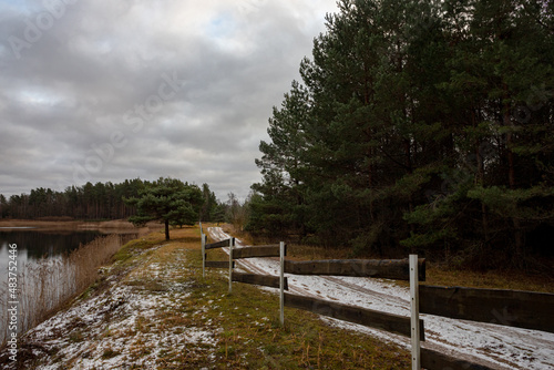 country road near pond, wooden fence, pine forest, first snow covered ground, cloudy sky, evening light