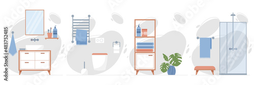 Shower room or bathroom interior design flat vector illustration. Shower cabin and heated towel rail, bathroom cabinet, and hanging toilet, sink, mirror, bathroom furniture and accessories.