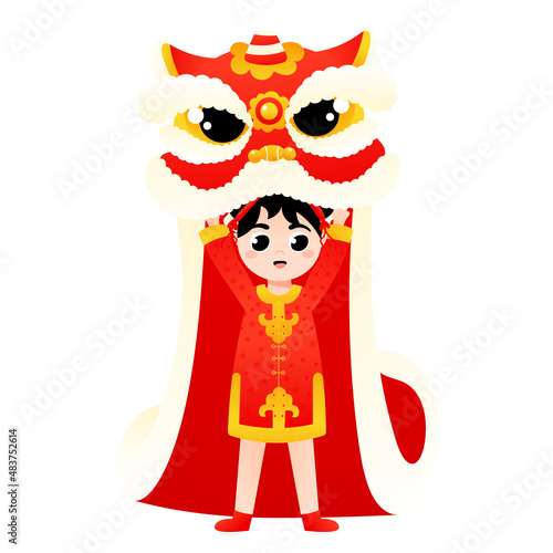 Cute girl in chinese national costume dancing lion dance in cartoon style for lunar new year decorative element