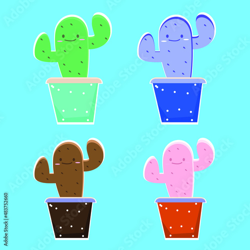Modern design cactus plant diferent collor style on blue background vector illustration design