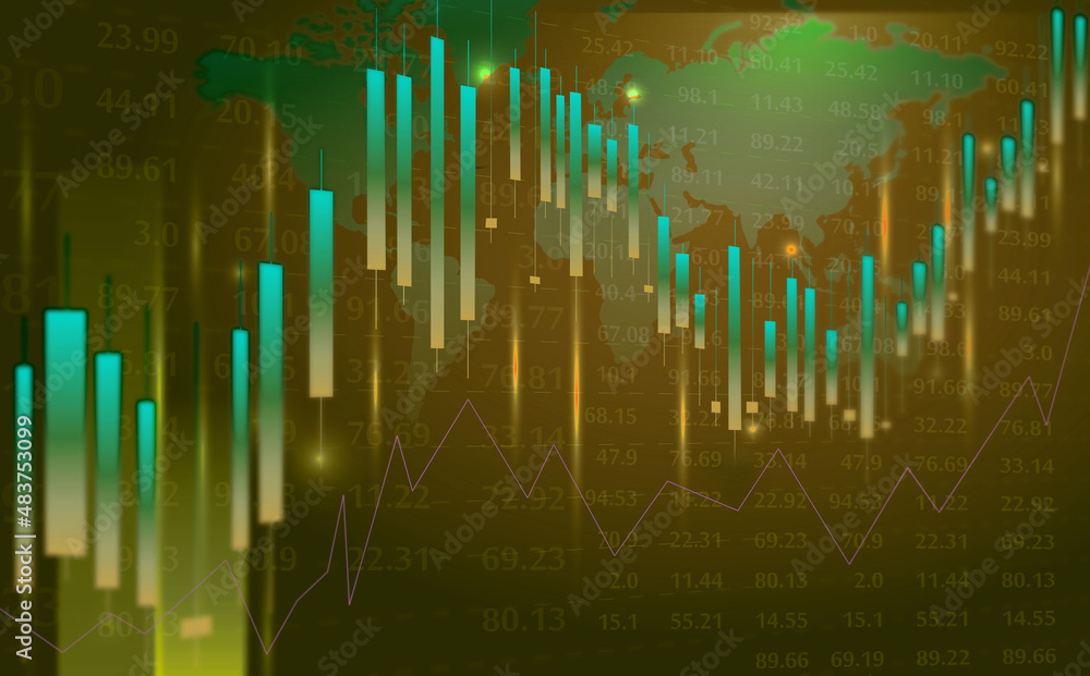 Stock market chart on world map background. Technical analysis with candle stick graph chart of stock market trading.
