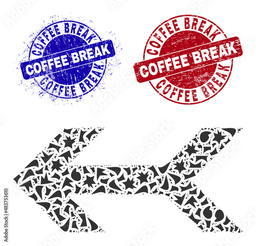 Round COFFEE BREAK dirty stamp prints with text inside circle forms, and debris mosaic arrow left icon. Blue and red stamp seals includes COFFEE BREAK text. Arrow left mosaic icon of debris items.