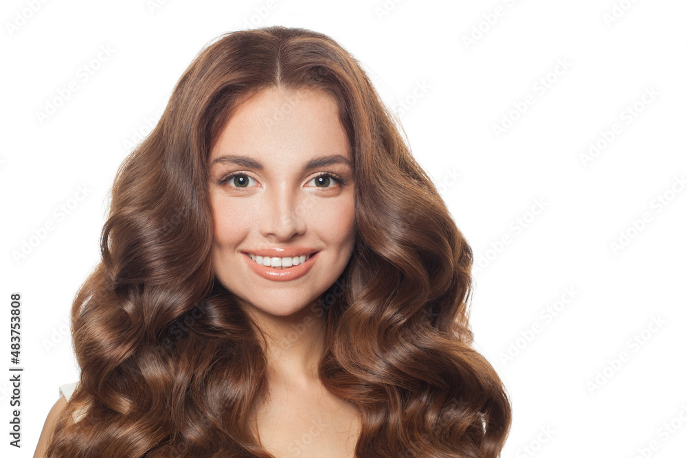 Naklejka premium Isolated woman face. Pretty model woman with curly hair portrait