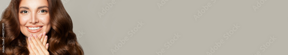 Cute smiling woman, beautiful face and manicured nails close up on banner background with copy space