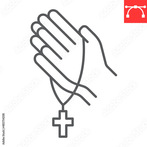 Pray line icon, hope and christianity, praying hands with rosary vector icon, vector graphics, editable stroke outline sign, eps 10.