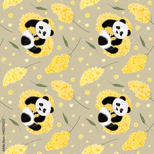 Panda. Spring seamless pattern with panda and flowers. Hydrangea and mimosa. Botanical pattern. Animal illustration. photo