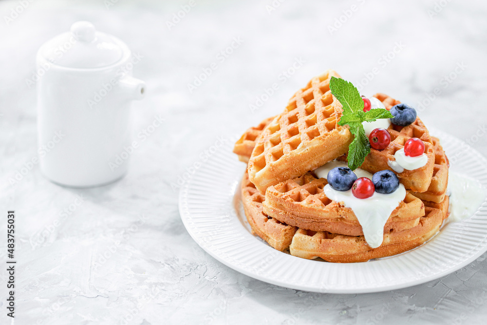 Waffles with blueberries, red currants, poured with yogurt on a white porcelain plate. Waffles with blueberries, red currants, poured with yogurt on a white porcelain plate.