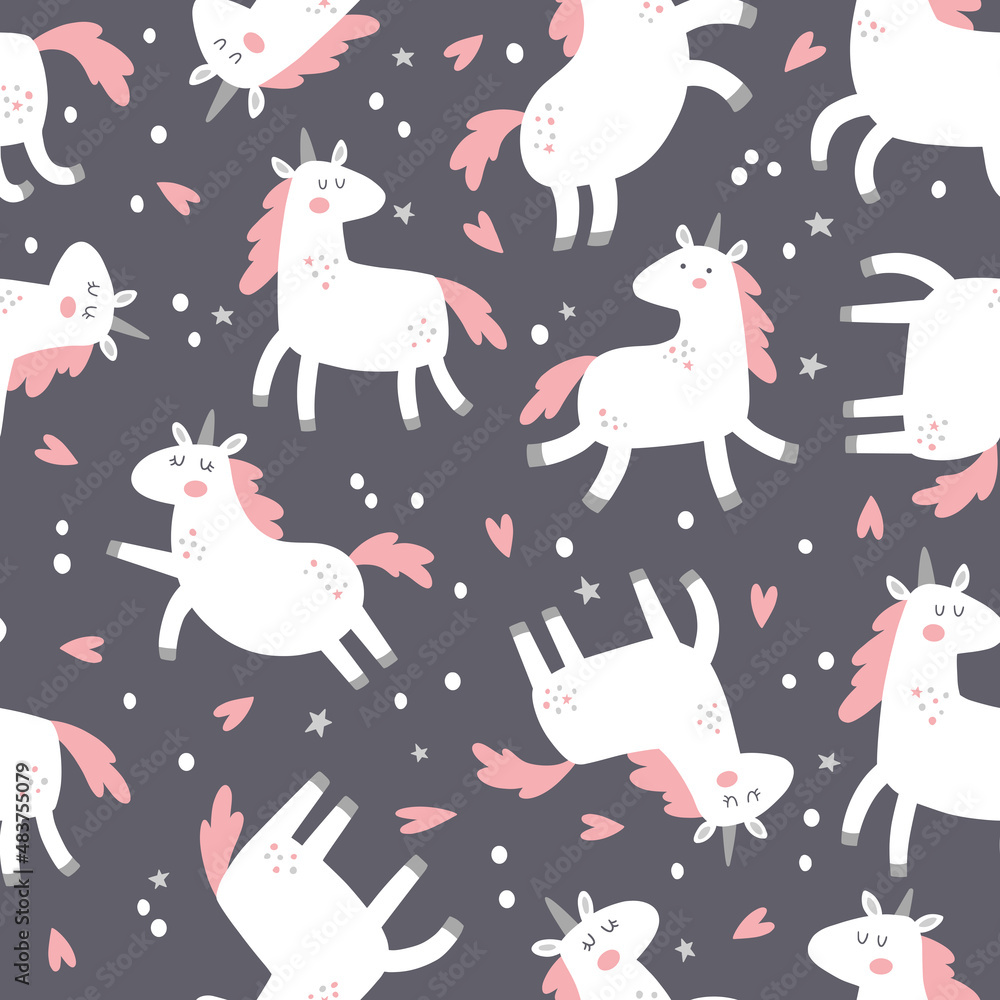 vector seamless pattern with cute little unicorn