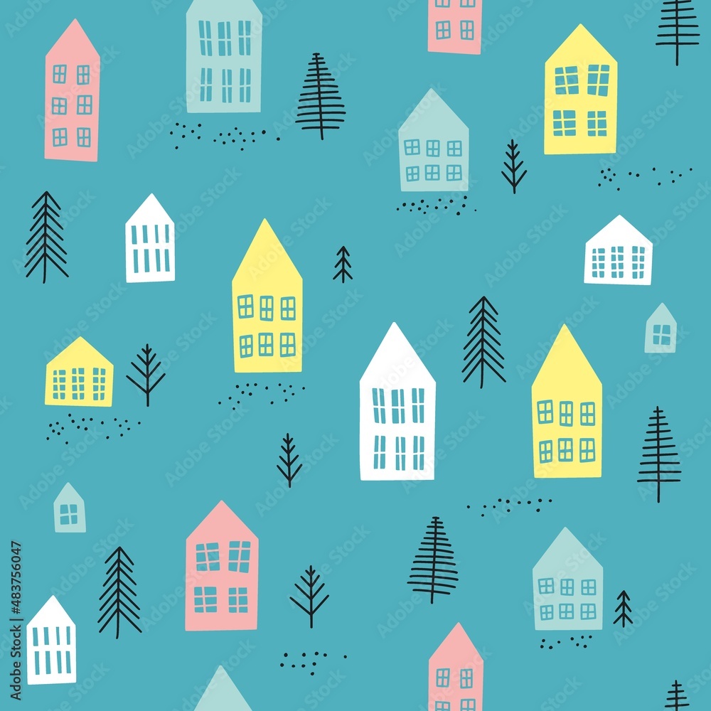 A pattern of silhouettes of European houses