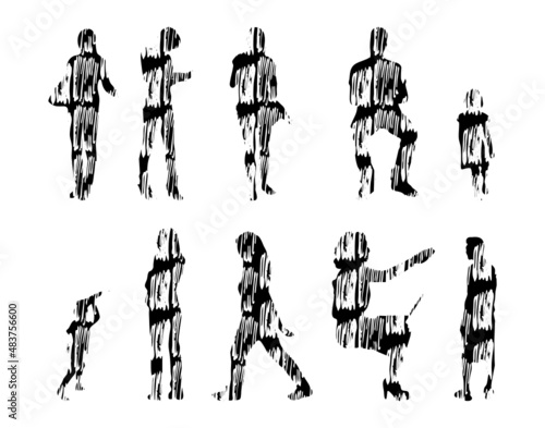 Vector silhouettes, Outline silhouettes of people, Contour drawing, people silhouette, Icon Set Isolated, Silhouette of sitting people, Architectural set